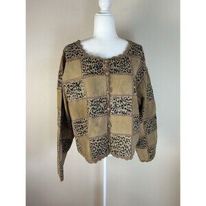Denim & Co Vintage Crochet Patchwork Leather Suede Button Up Jacket XL Y2K Boho